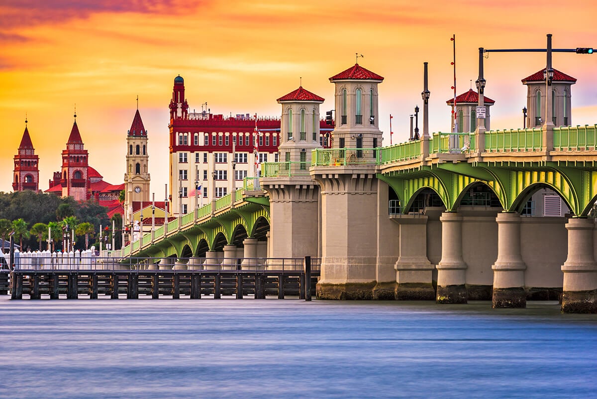 Bridge of Lions and historic St. Augustine skyline at sunset