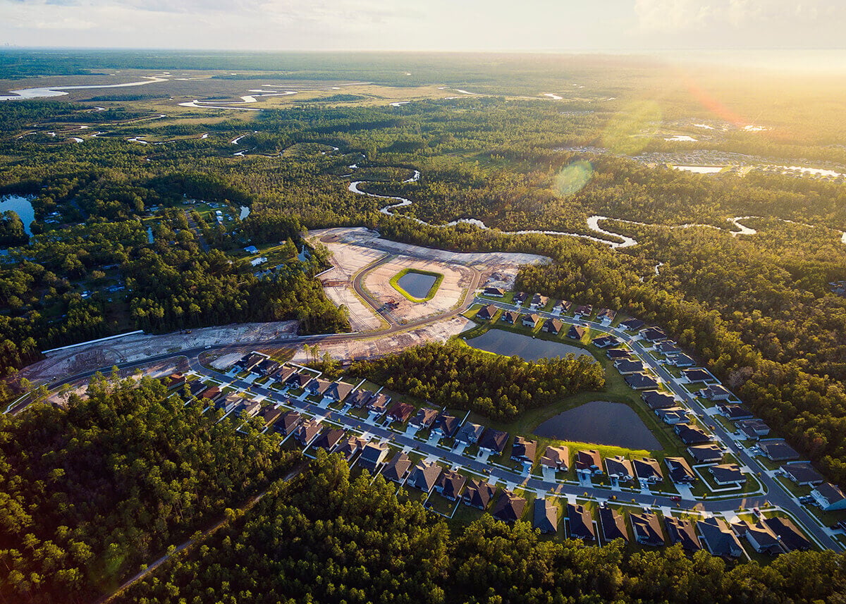 Aerial view of residential neighborhoods, wetlands, and waterways in the Yulee area